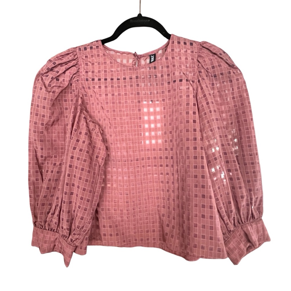 Zara Mauve Checkered/Gingham Blouse with 3/4 Balloons Sleeves size Small NWT